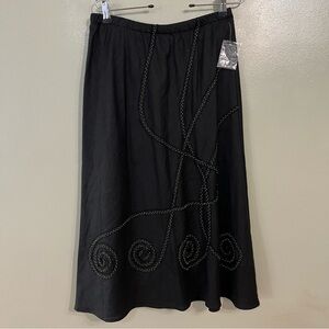 Womens 100% Linen A Line Midi Elegant Black Embroidered Skirt Pull On 10 New